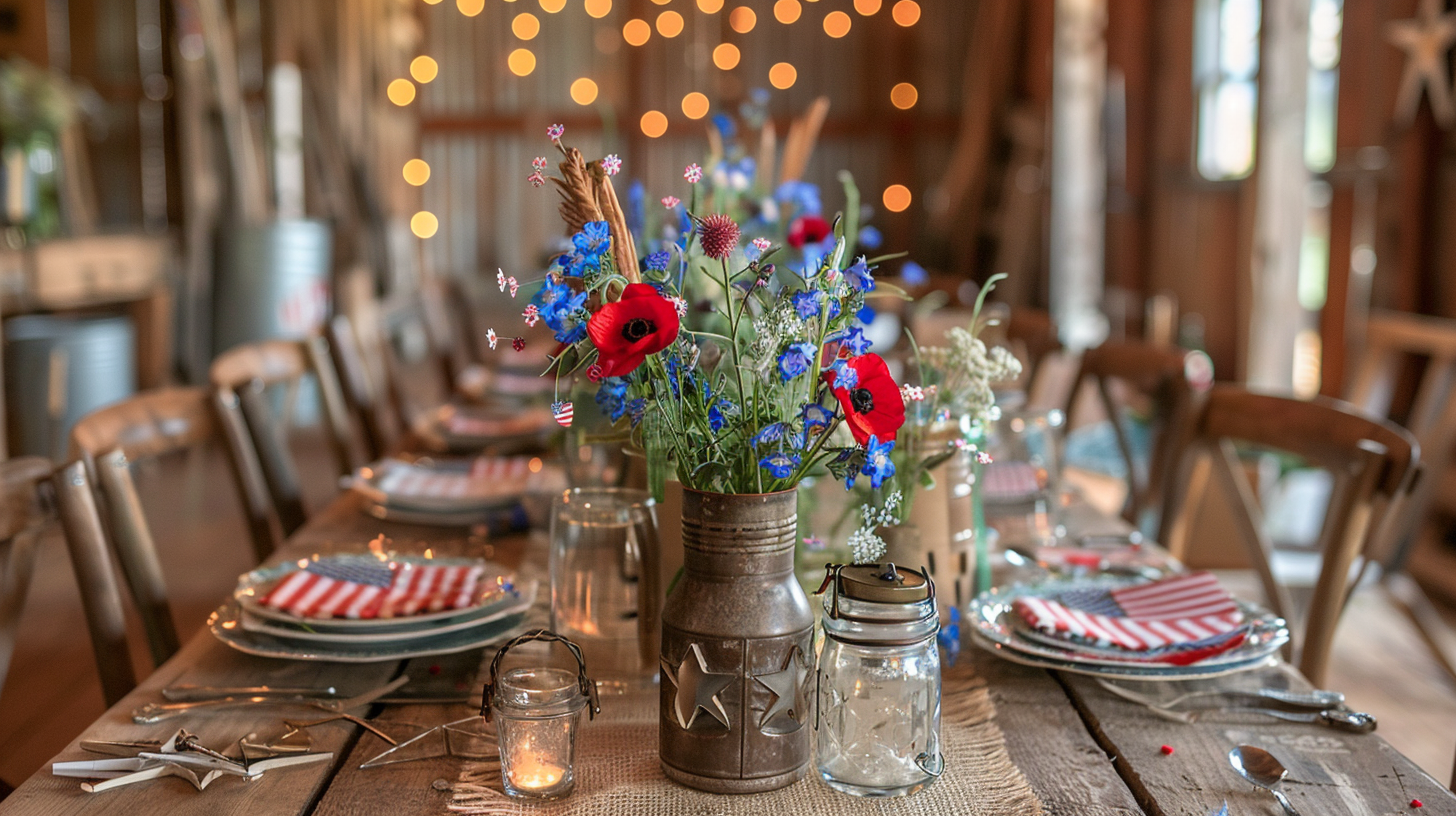 Vintage 4th of July table setting with patriotic decor and rustic charm.