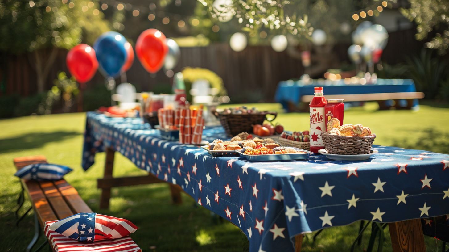 Picnic setup with red, white, and blue decorations for a 4th of July celebration.