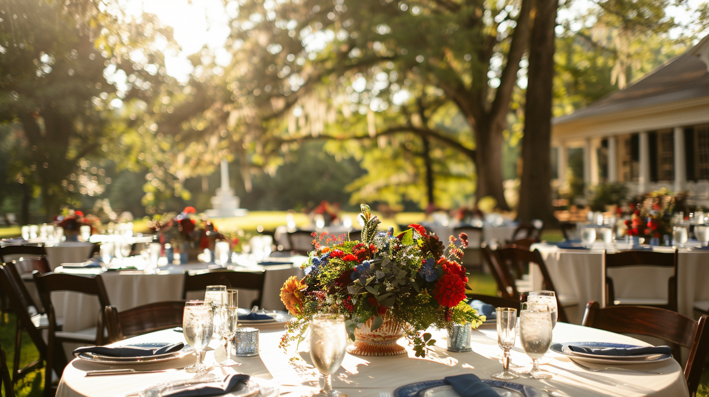 Elegant 4th of July garden party with sunlit floral centerpieces and serene setting.