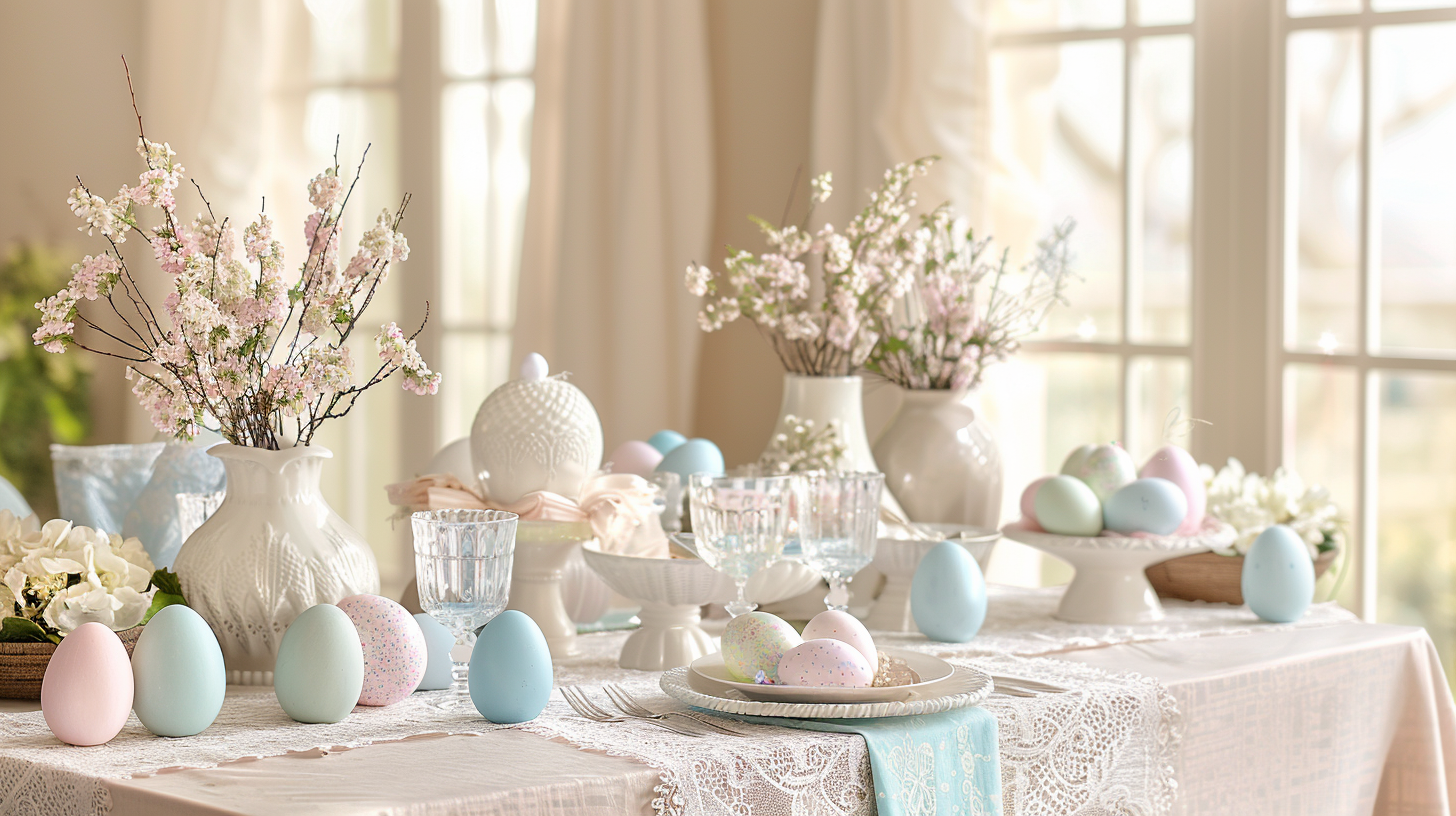 Elegant Easter tablescape ideas with pastel eggs and pink blossoms.