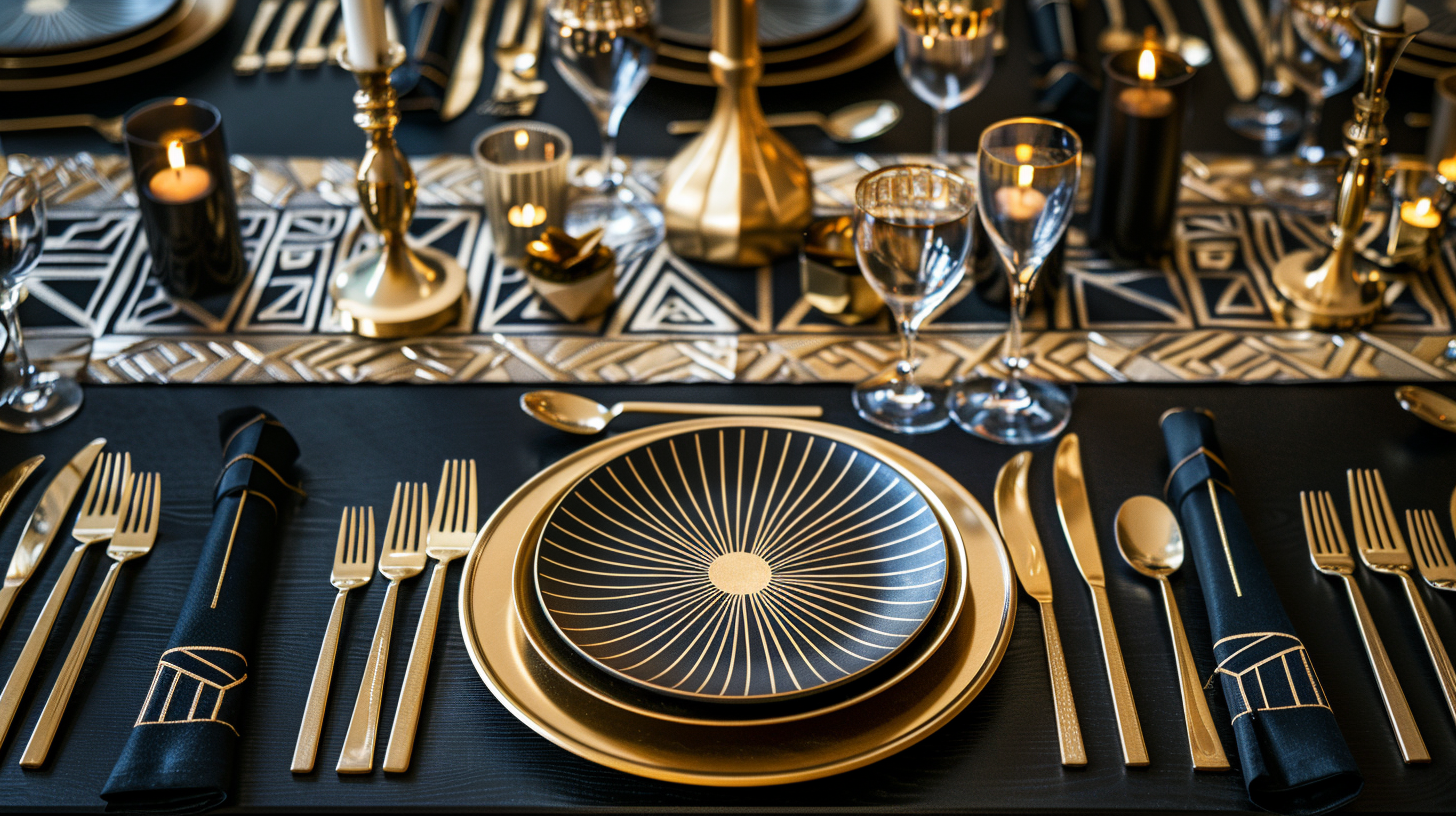 Luxurious art deco tablescape ideas with geometric patterns and gold accents.