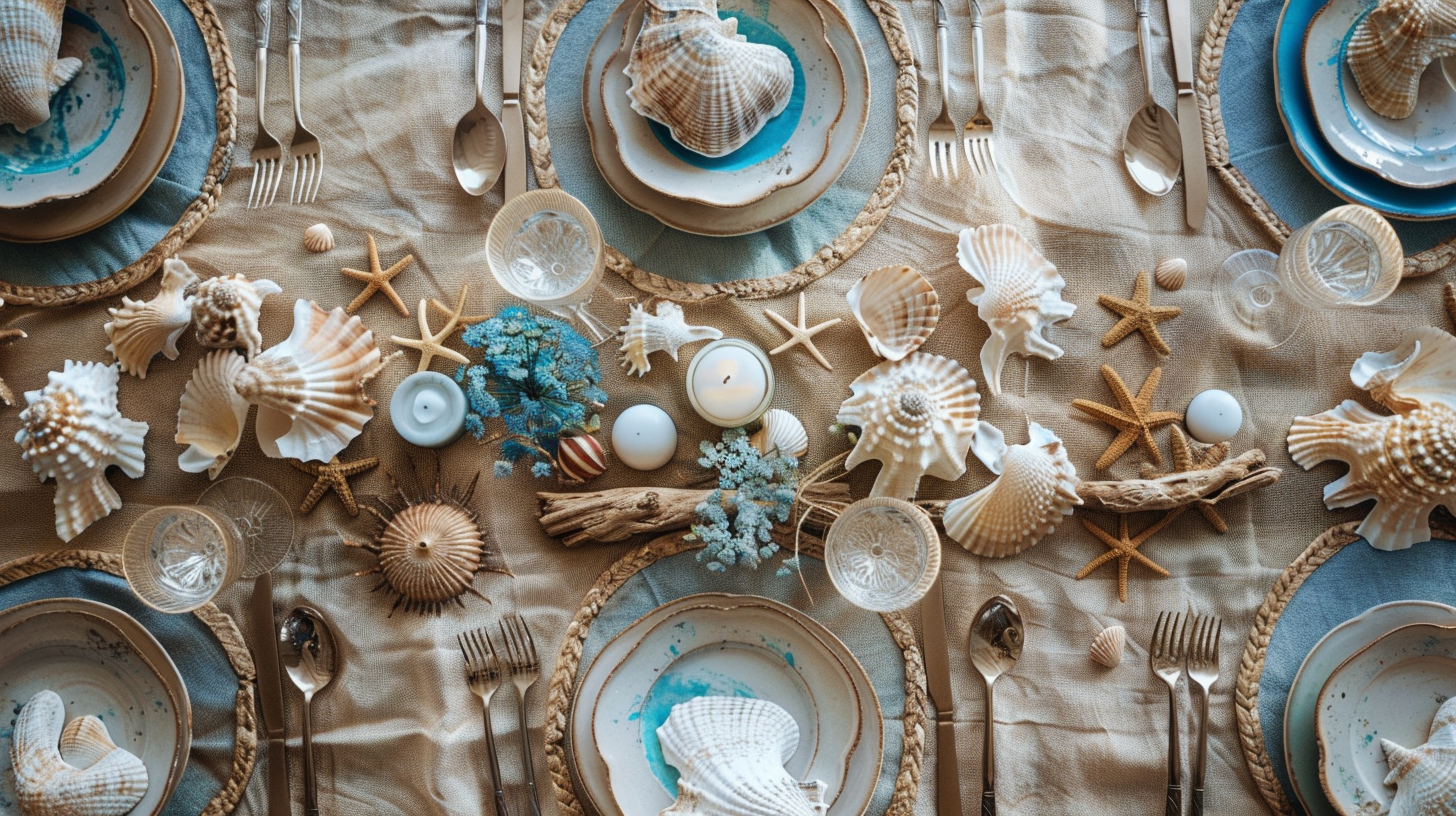 Beach-themed tablescape ideas with seashells and rustic accents.