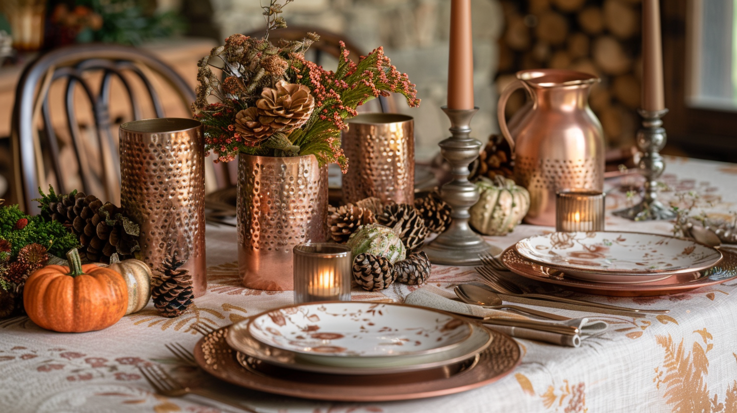 Rustic autumn tablescape ideas with copper tones and natural elements.