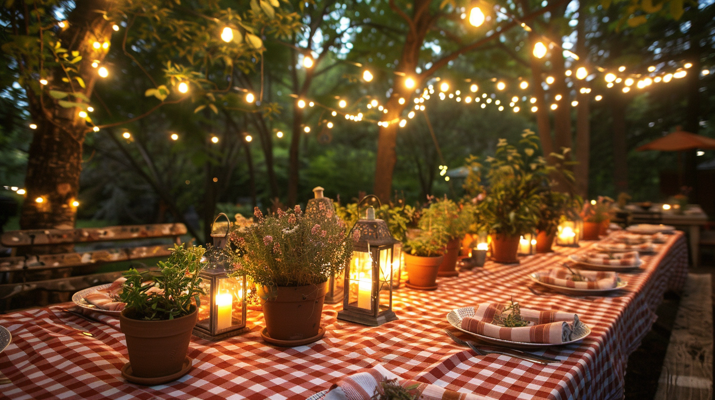 Cozy outdoor setting with string lights and father's day table decorations.