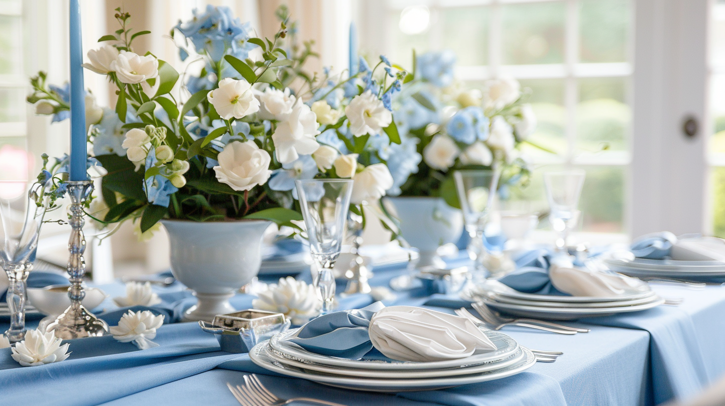 Elegant blue and white father's day table decorations with floral centerpieces.