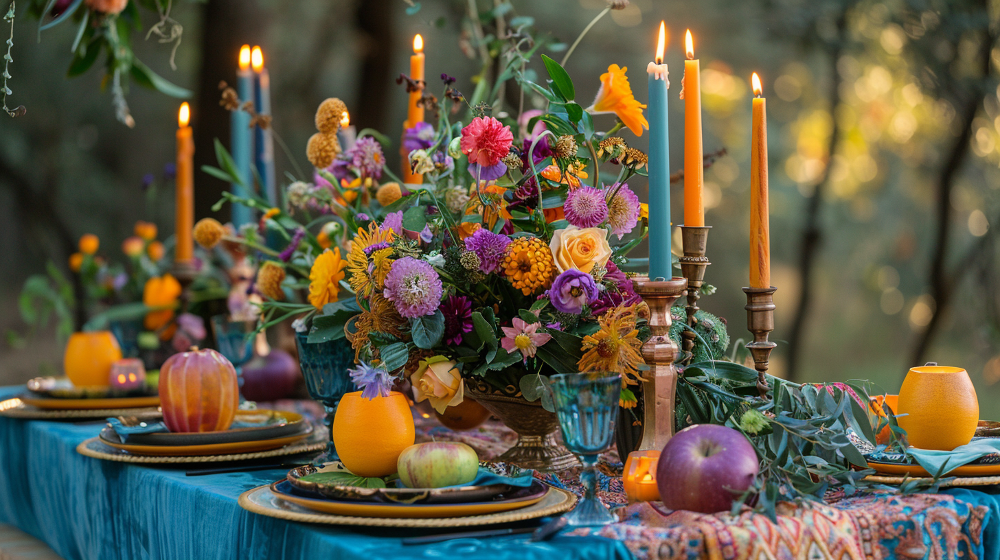Bohemian tablescape ideas with vibrant flowers and candles.