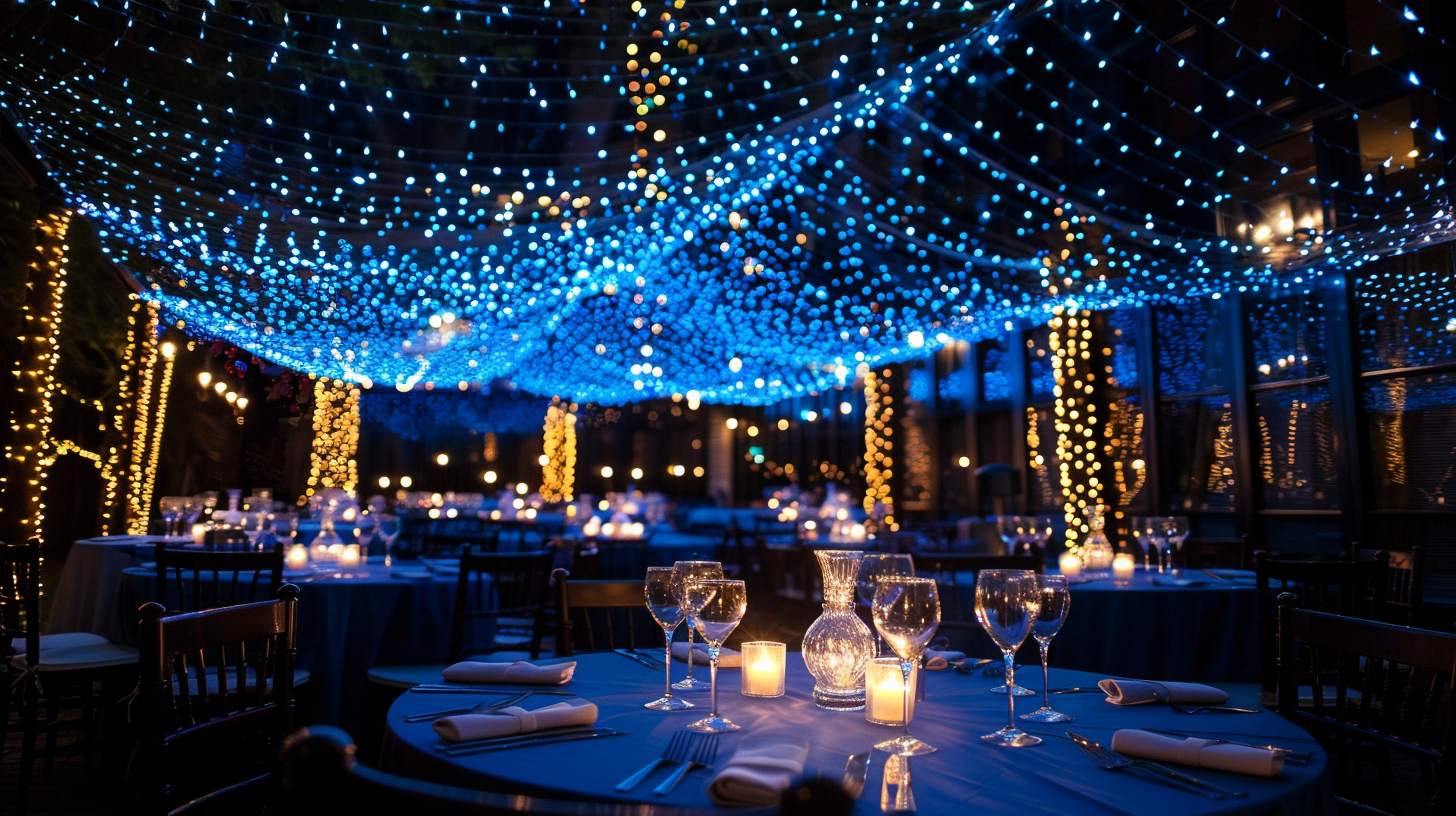 Enchanted evening tablescape ideas under a canopy of blue lights.