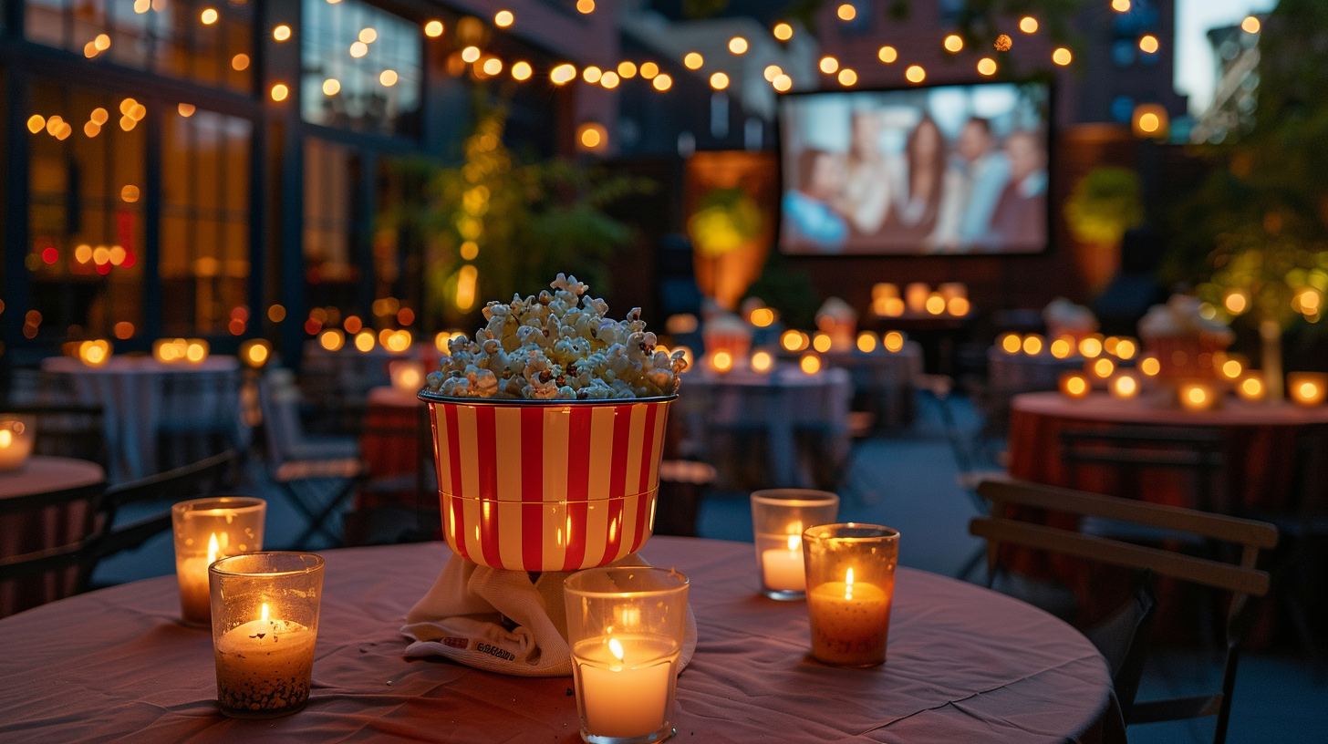 Outdoor movie night setup with candles and a big screen for a 4th of July celebration.