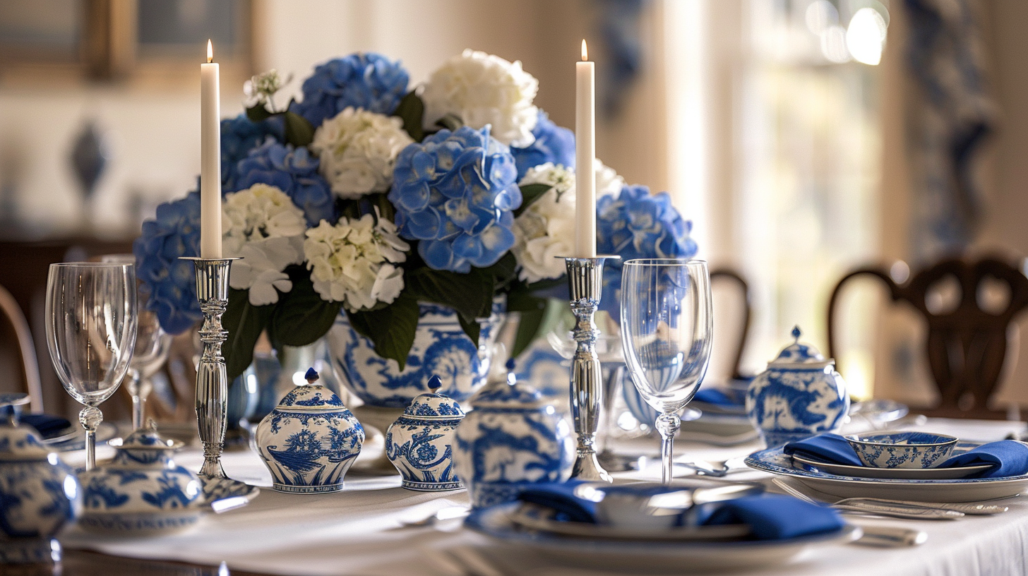 Elegant blue and white tablescape ideas with floral arrangements.