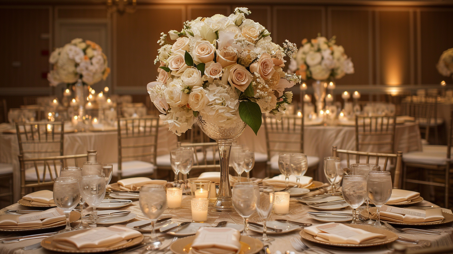 Lavish father's day table decorations with cream flowers and gold accents.