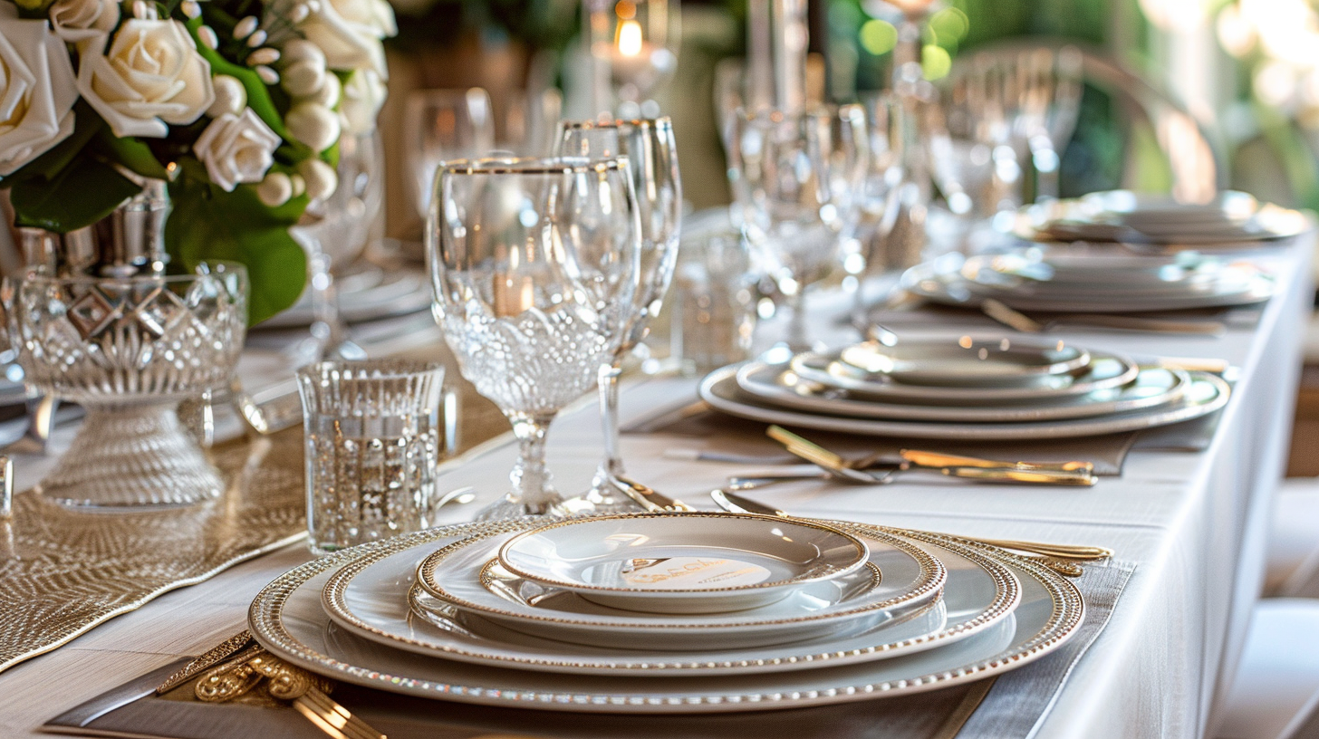 Luxurious father's day table decorations with crystal glassware and gold accents.