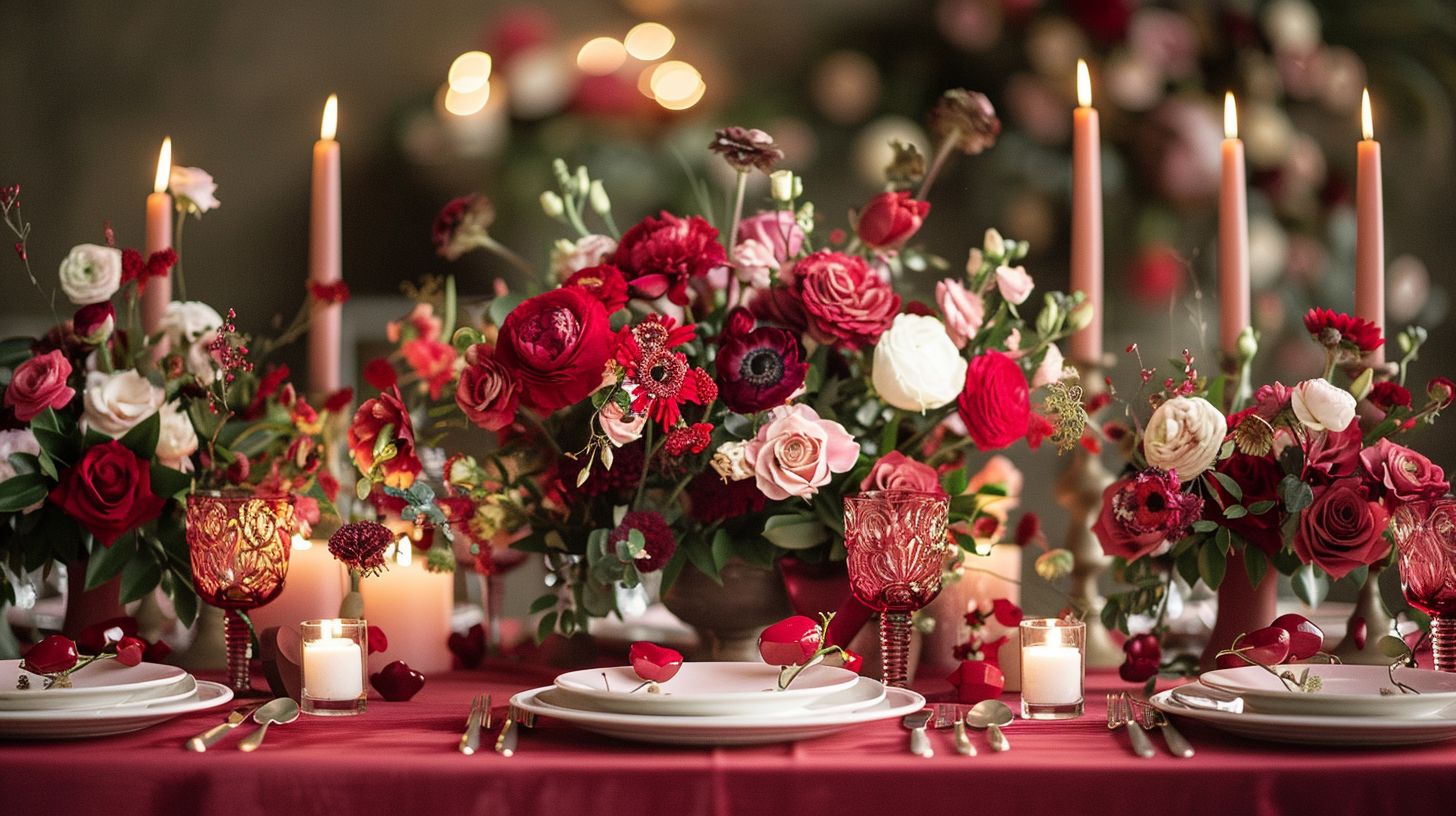 Romantic Valentine's Day tablescape ideas with lush red flowers.