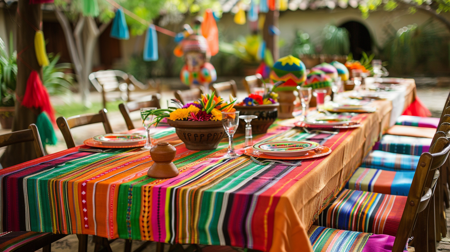 Vibrant outdoor fiesta tablescape ideas with colorful fabrics..