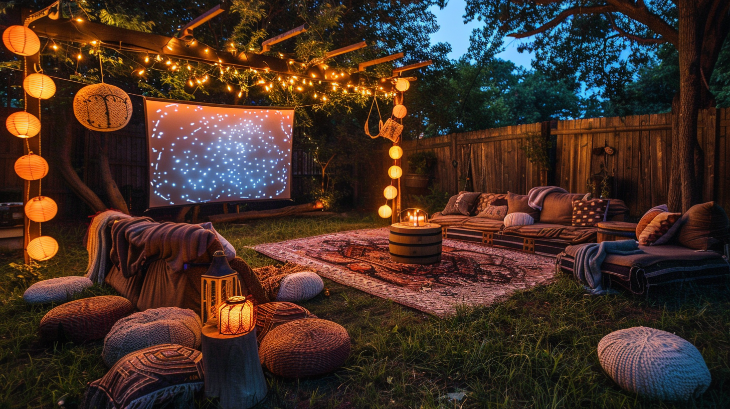 Cozy outdoor movie night setup with lights for a 4th of July party.