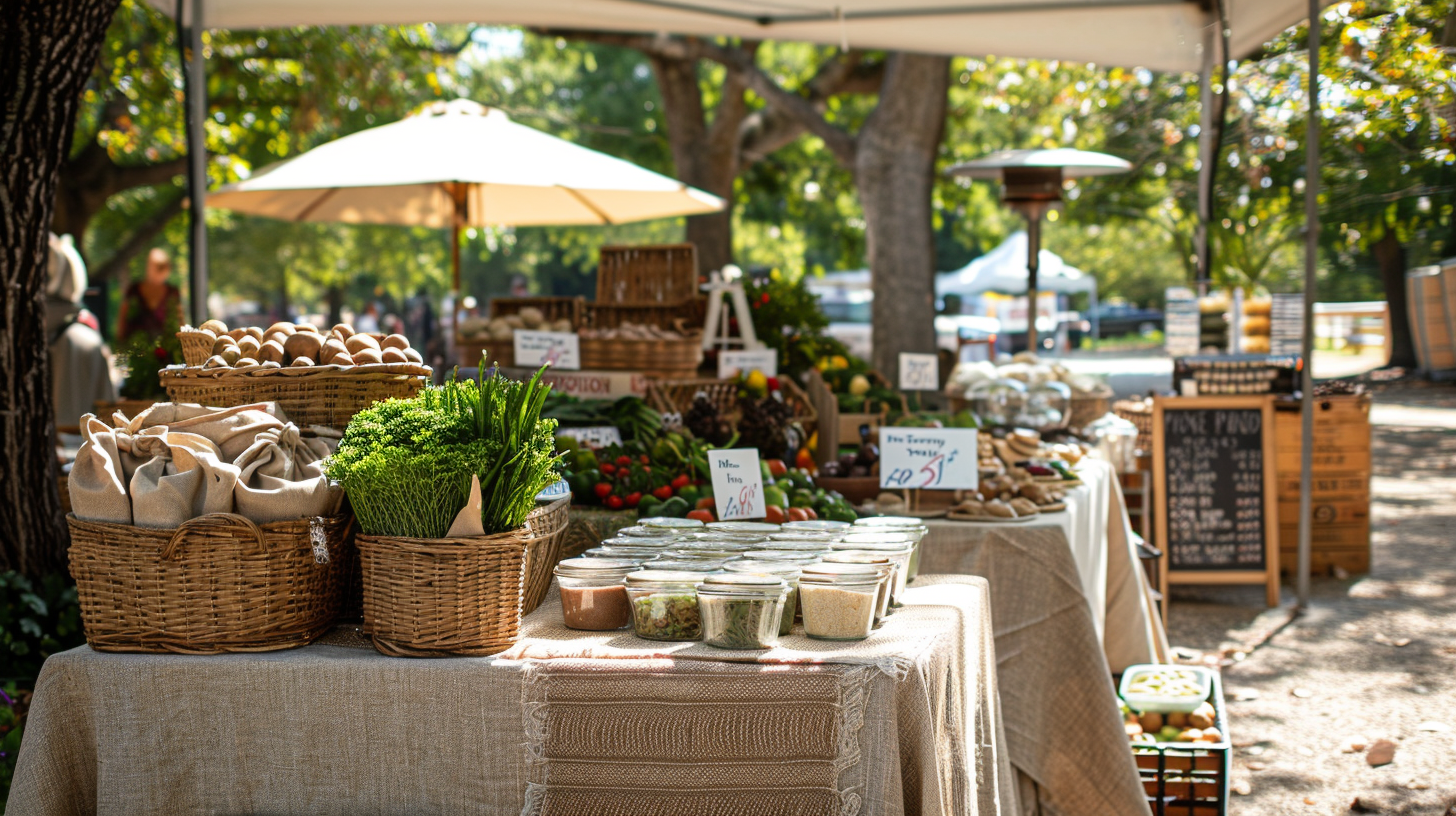 Outdoor farmers market scene with rustic 4th of July decorations.