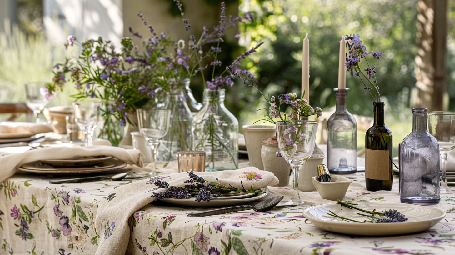 French country tablescape ideas with floral linens and rustic charm.