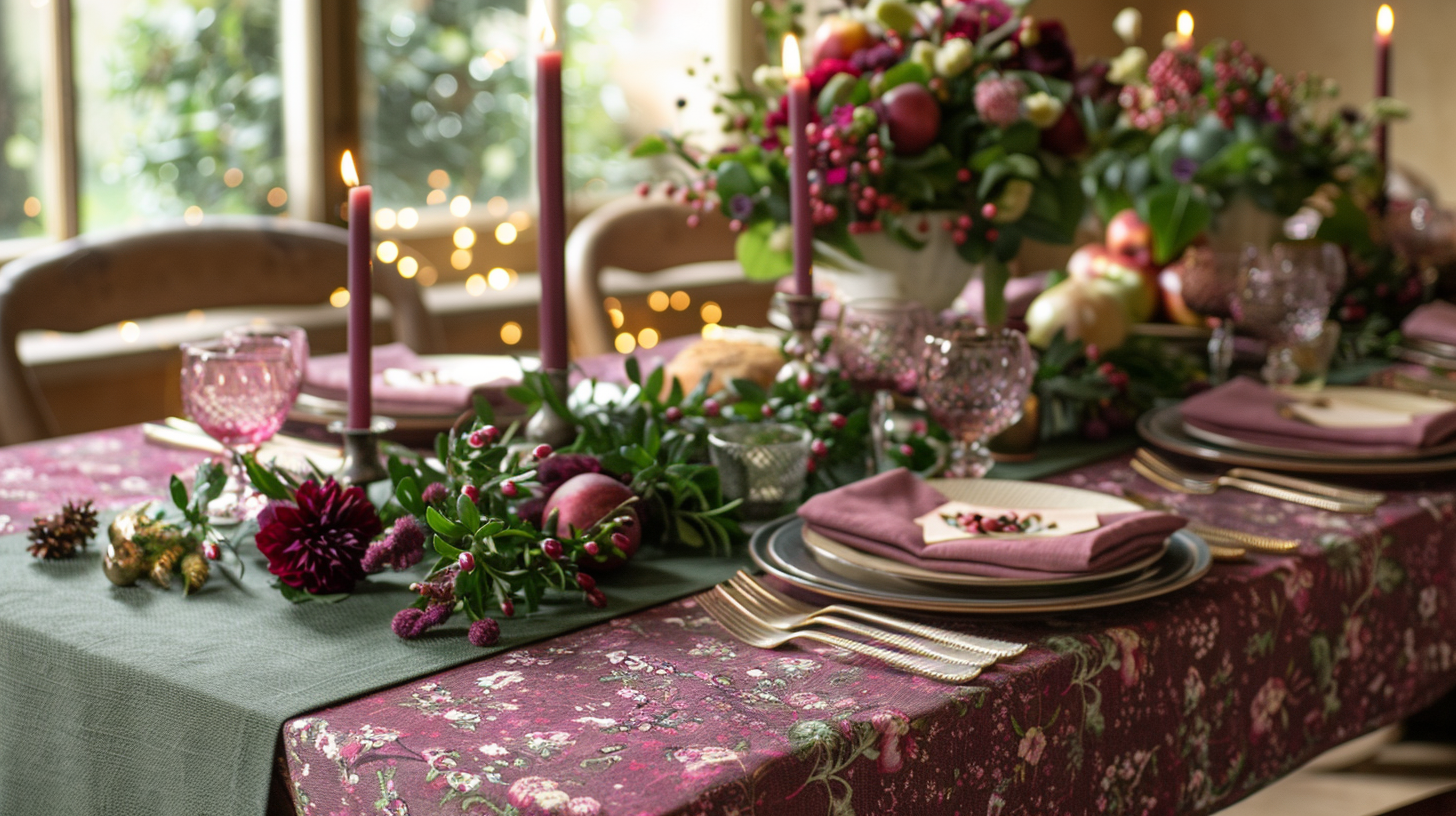 Opulent father's day table decorations with pink flowers and candles.