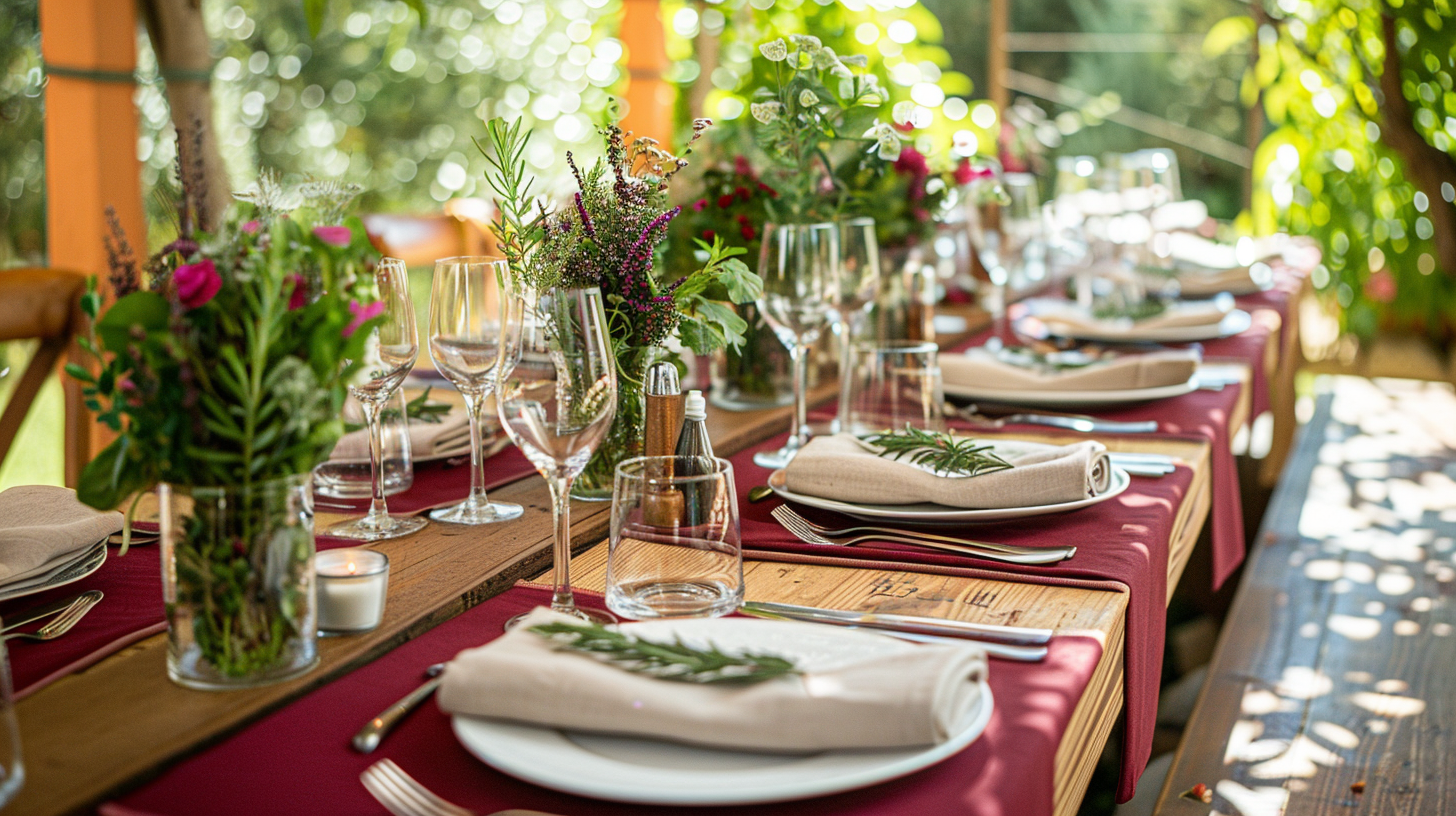 Vibrant father's day table decorations with rich maroon linens and fresh herbs.