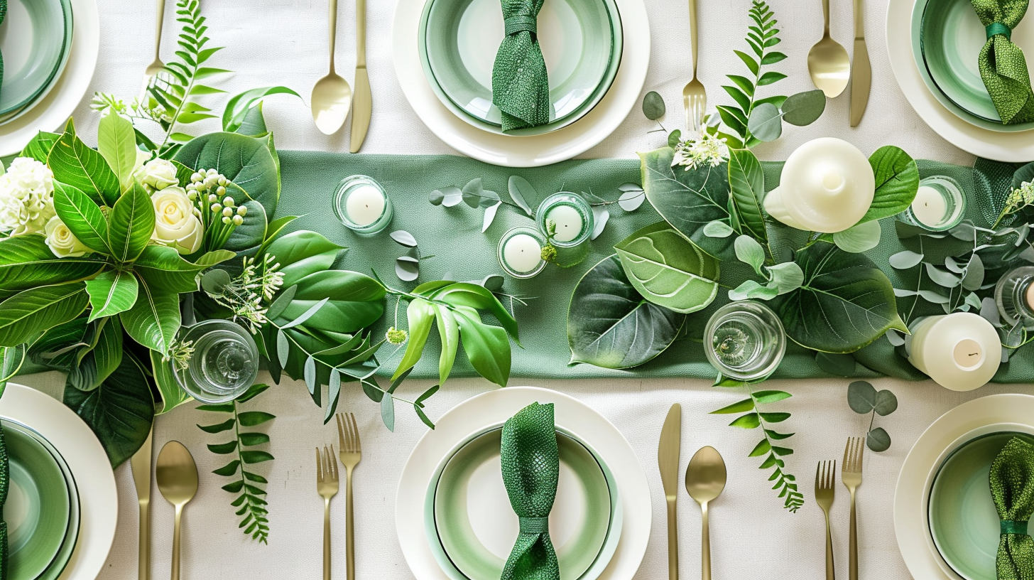 Refreshing father's day table decorations with green linens and leaf accents.