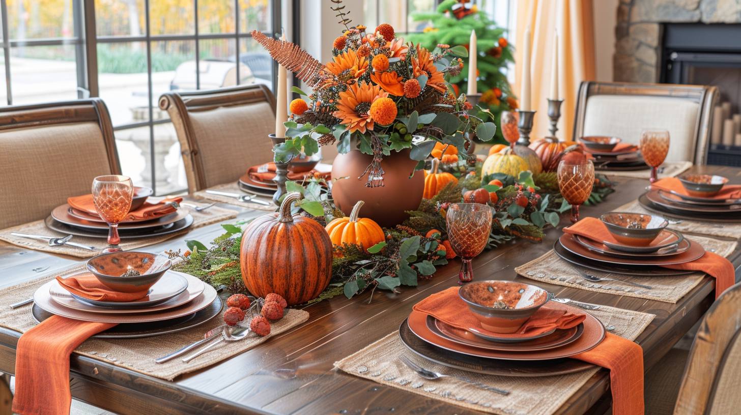 Festive autumn tablescape ideas with pumpkins and orange hues.