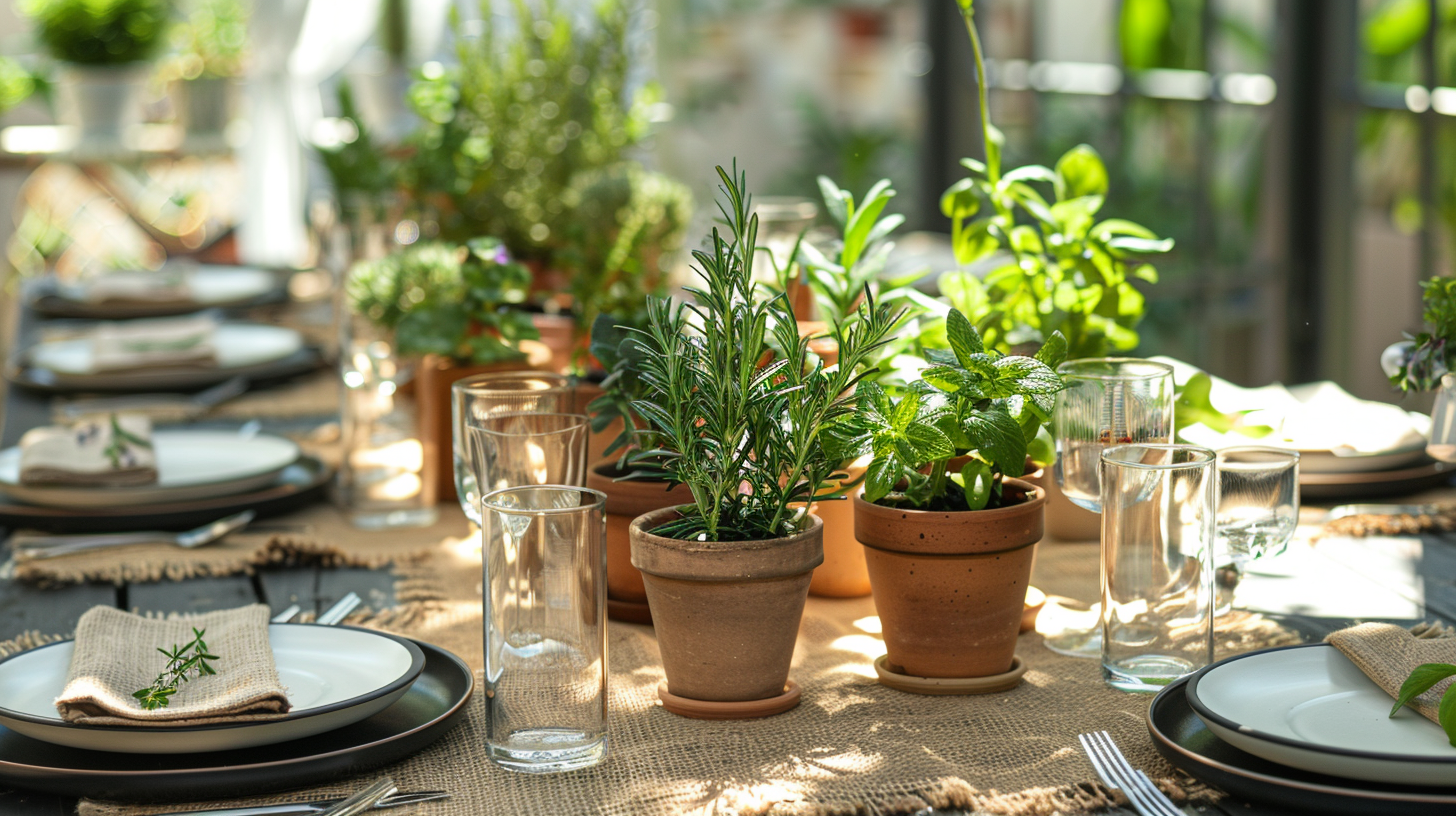 Fresh herb tablescape ideas with potted plants and natural textures.