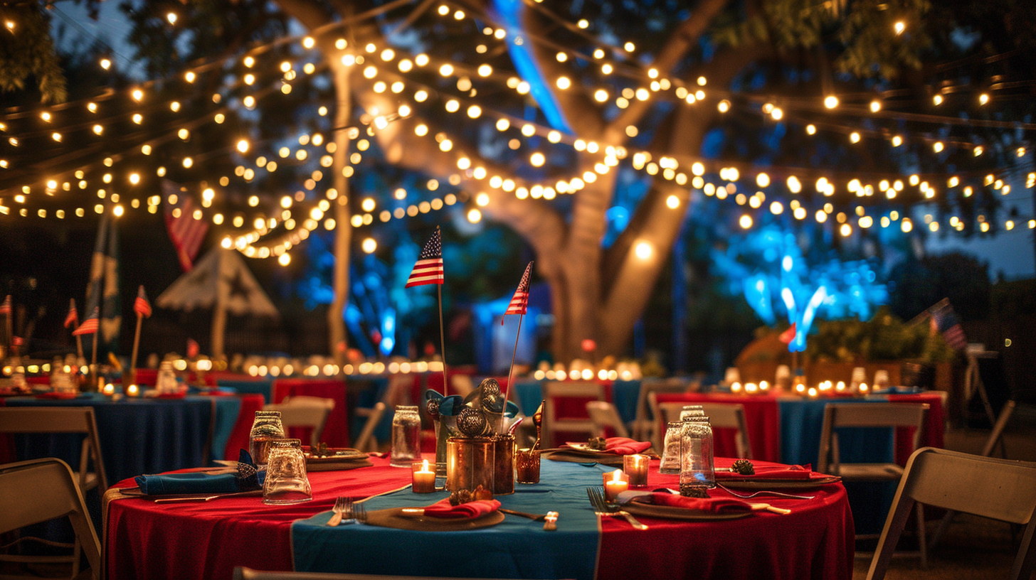 Evening 4th of July gathering with tables lit by string lights and patriotic decorations.