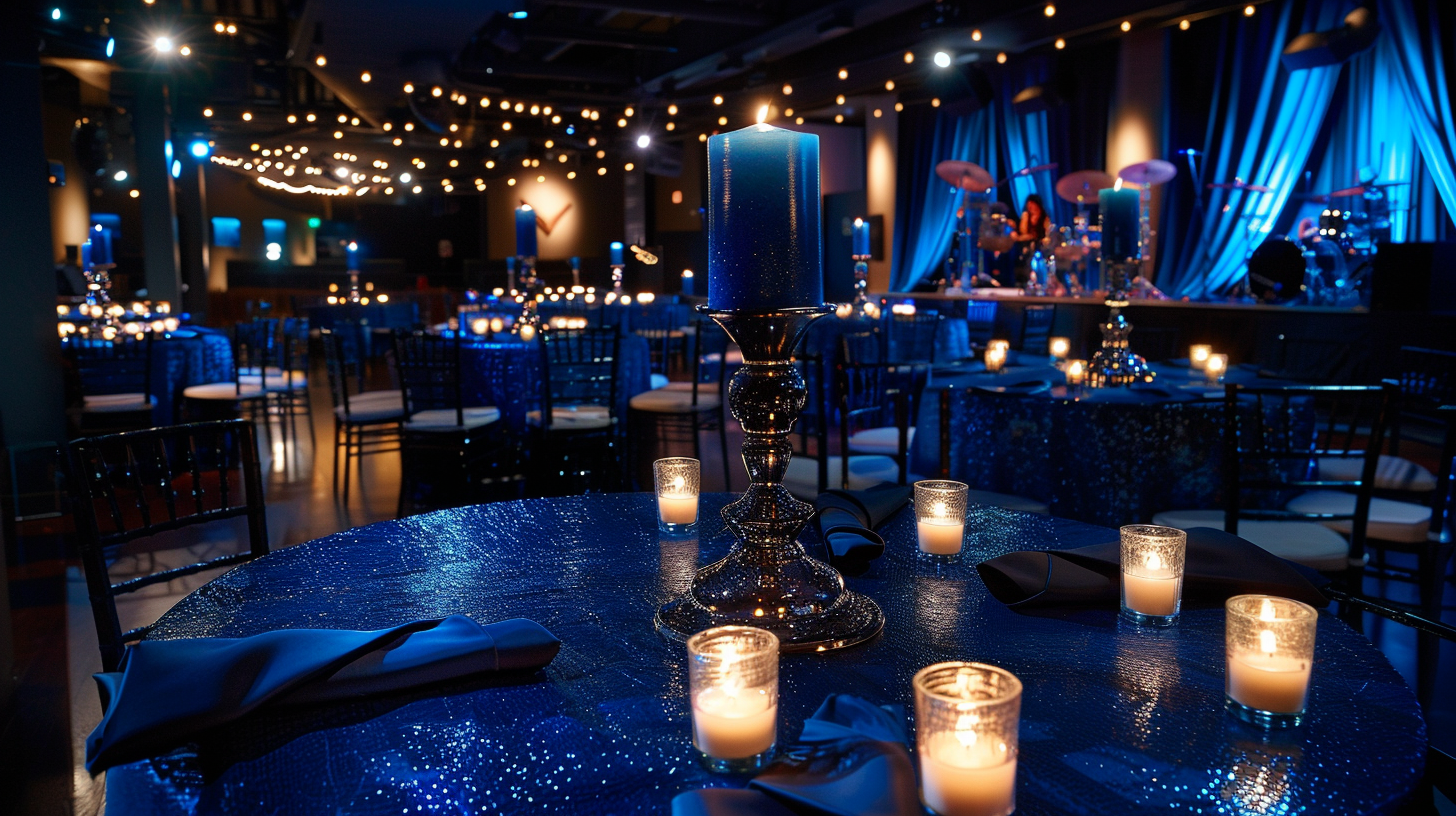 Elegant 4th of July event space with blue lighting and candlelit tables.
