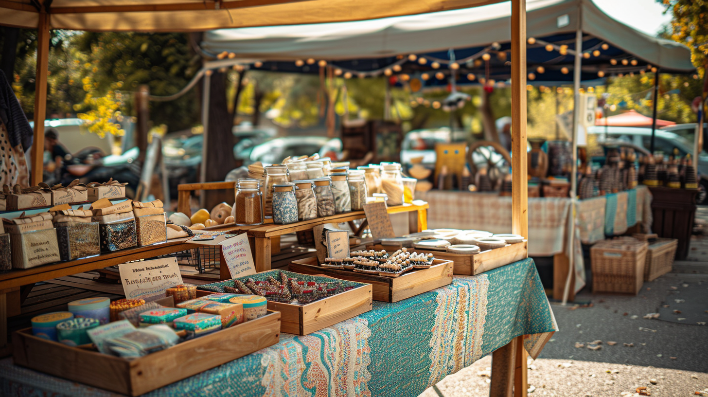 Local craft market scene on a 4th of July with vibrant displays.