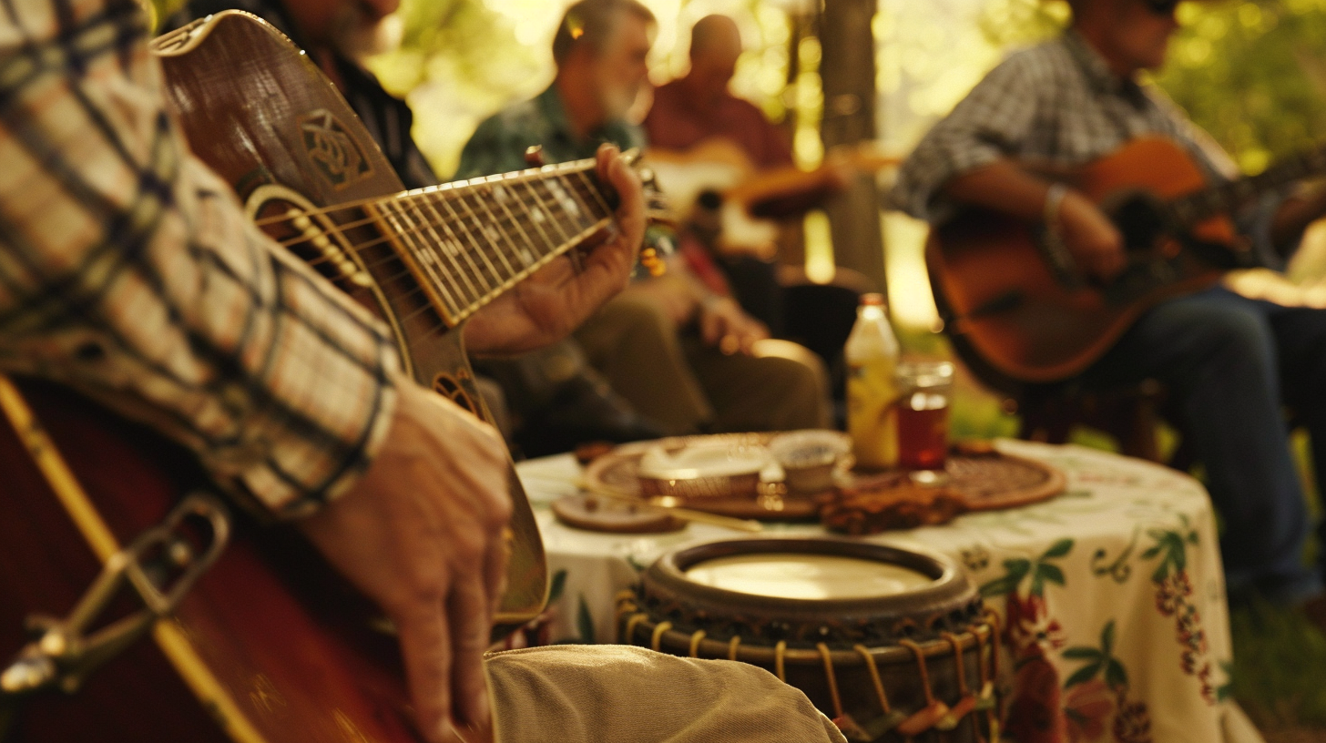 Musicians playing guitars at a 4th of July American folk music gathering.