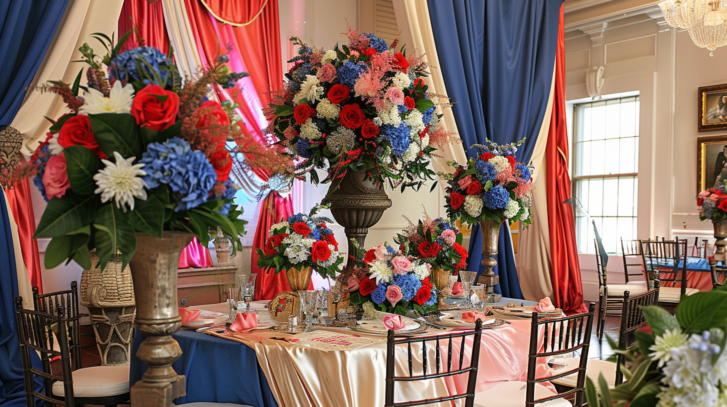 Elegant 4th of July themed banquet table with red, white, and blue floral arrangements.