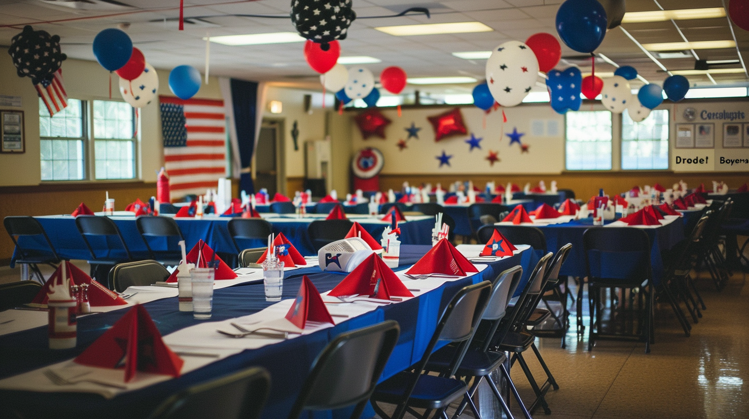 4th of July decorated hall with blue and red tablecloths and balloons.