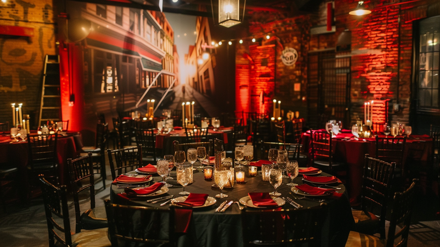 Prohibition era speakeasy-themed dining room for a 4th of July event, with red lighting.