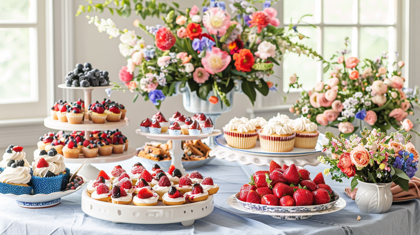 Vibrant 4th of July bake-off table with cupcakes and fresh fruit