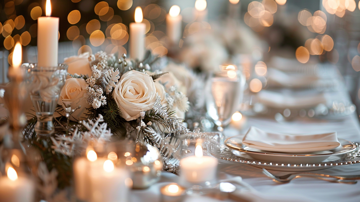 Winter wonderland tablescape ideas with white decor and soft lighting.