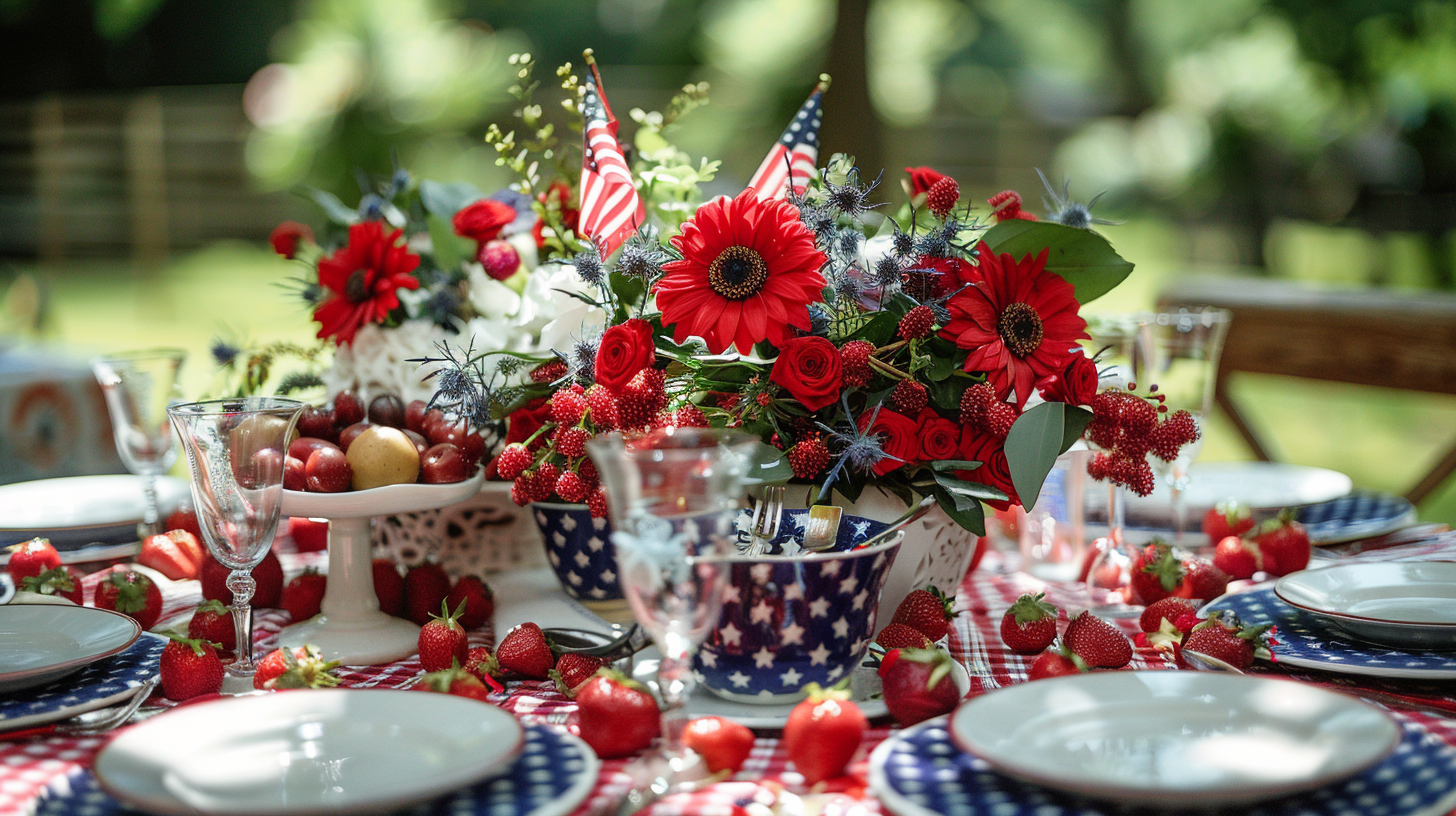 Patriotic tablescape ideas with red flowers and American flags.