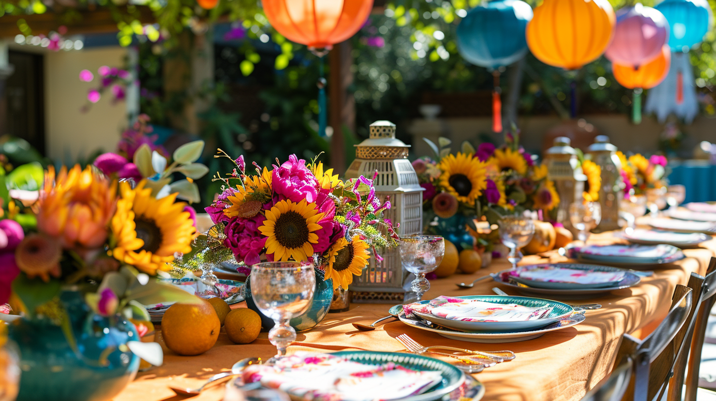 Colorful summer solstice tablescape ideas with vibrant lanterns.