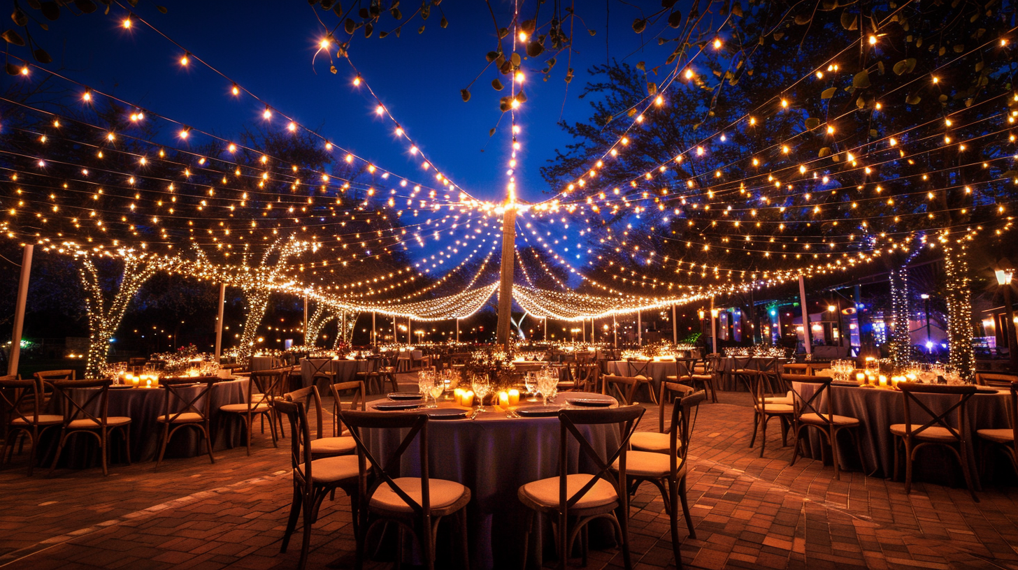 Outdoor dining under a canopy of lights for a 4th of July evening.