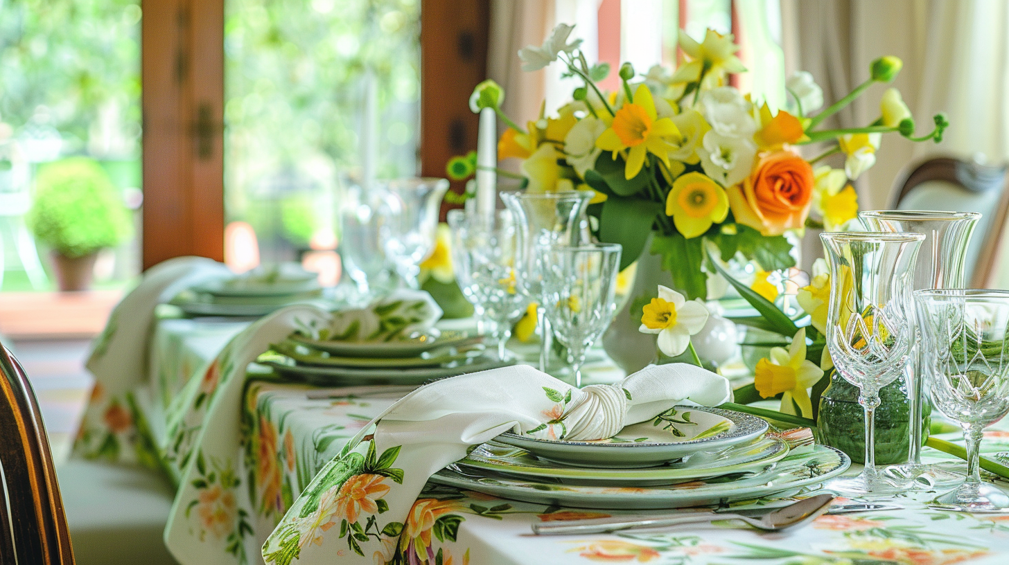 Spring floral tablescape ideas with bright yellow blooms and greenery.