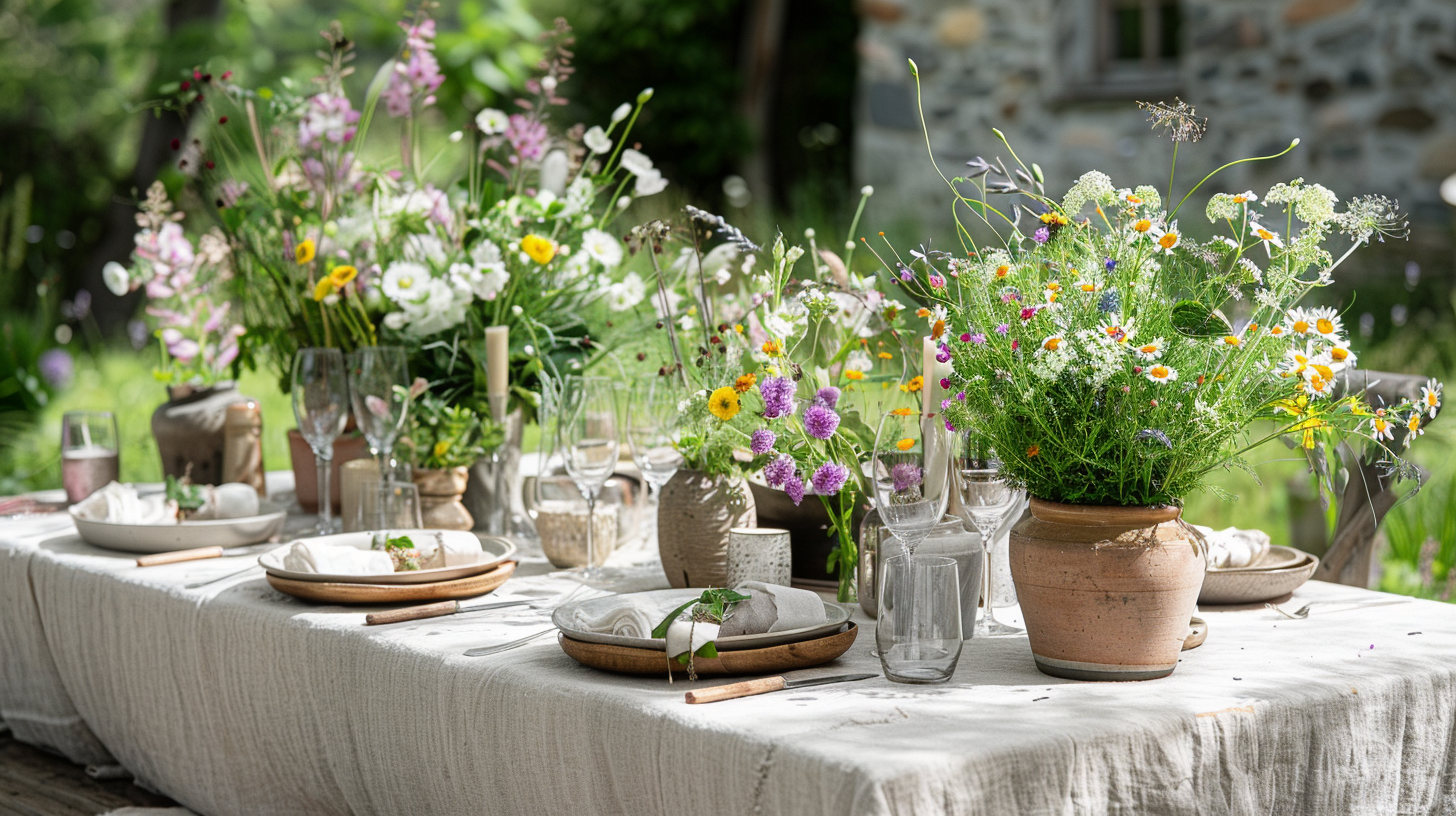 Rustic garden tablescape ideas with mixed wildflowers on linen.