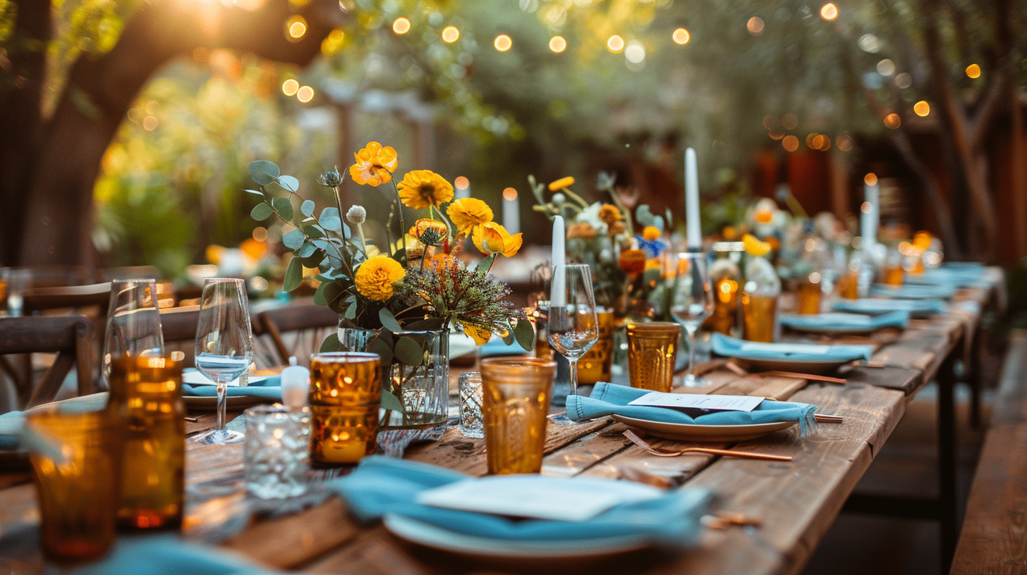 Warm evening tablescape ideas with blue napkins and yellow flowers.