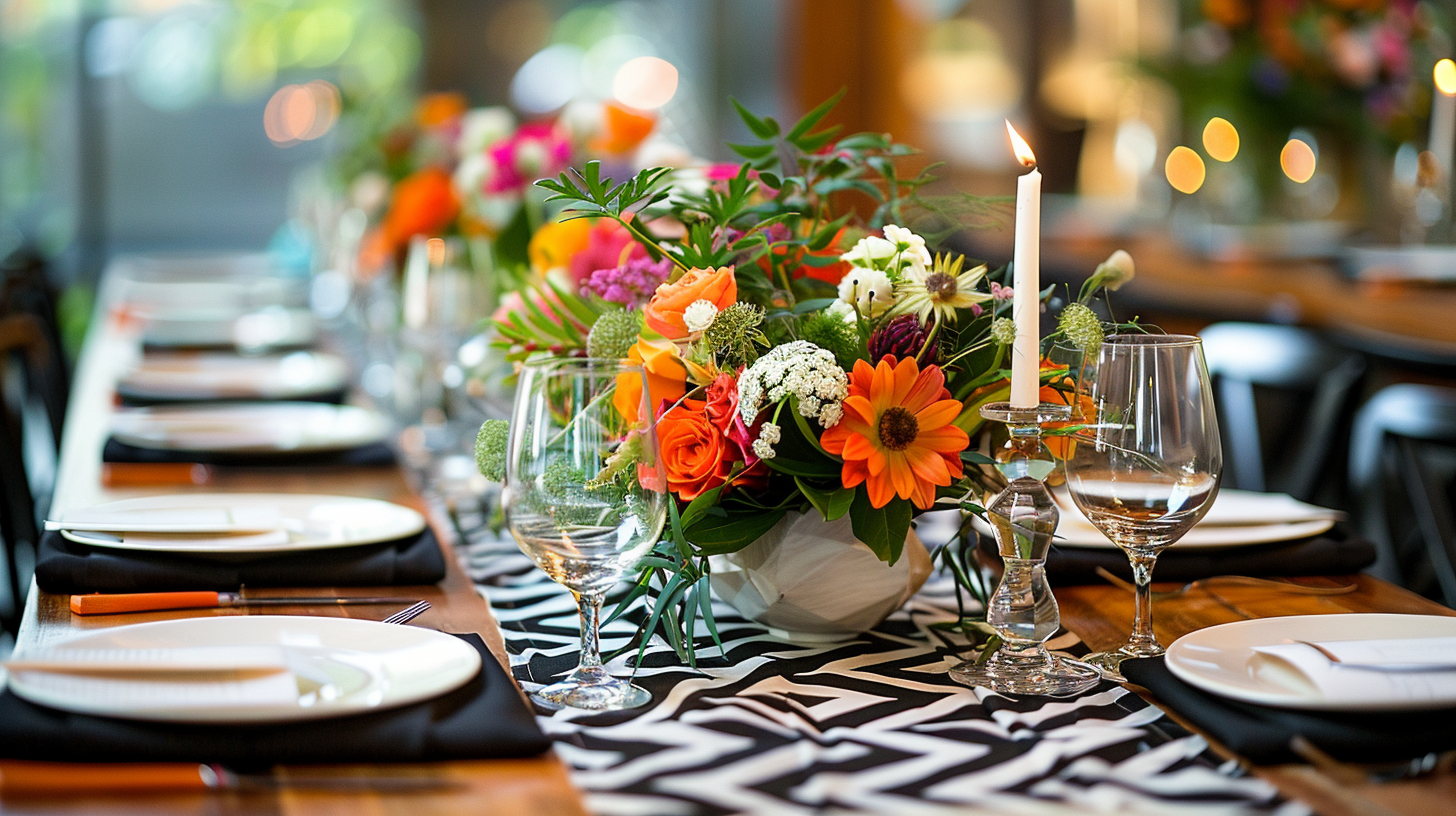 Vibrant tablescape ideas with colorful flowers and modern black-and-white linens.