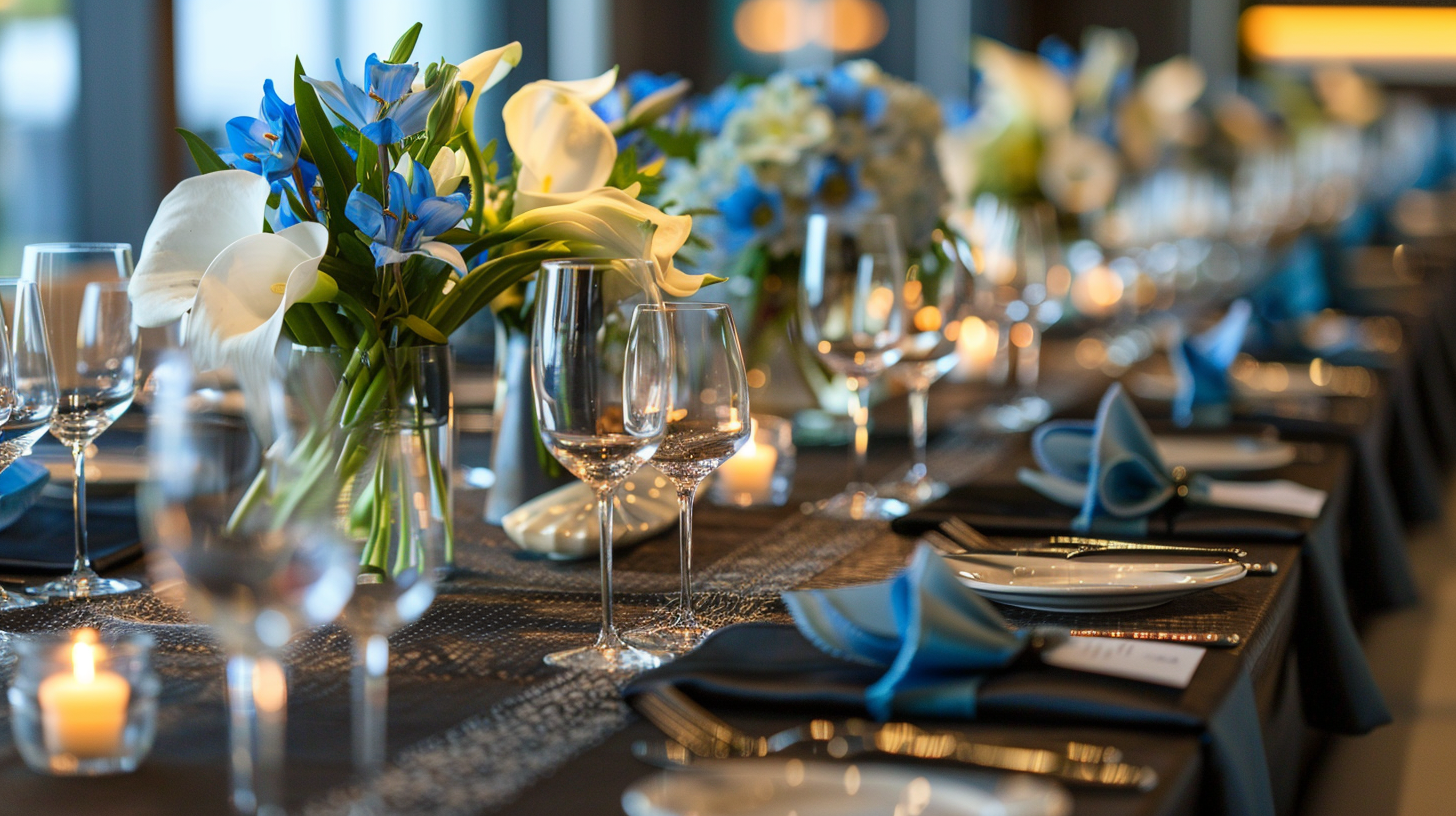 Contemporary father's day table decorations with blue flowers on a dark table.