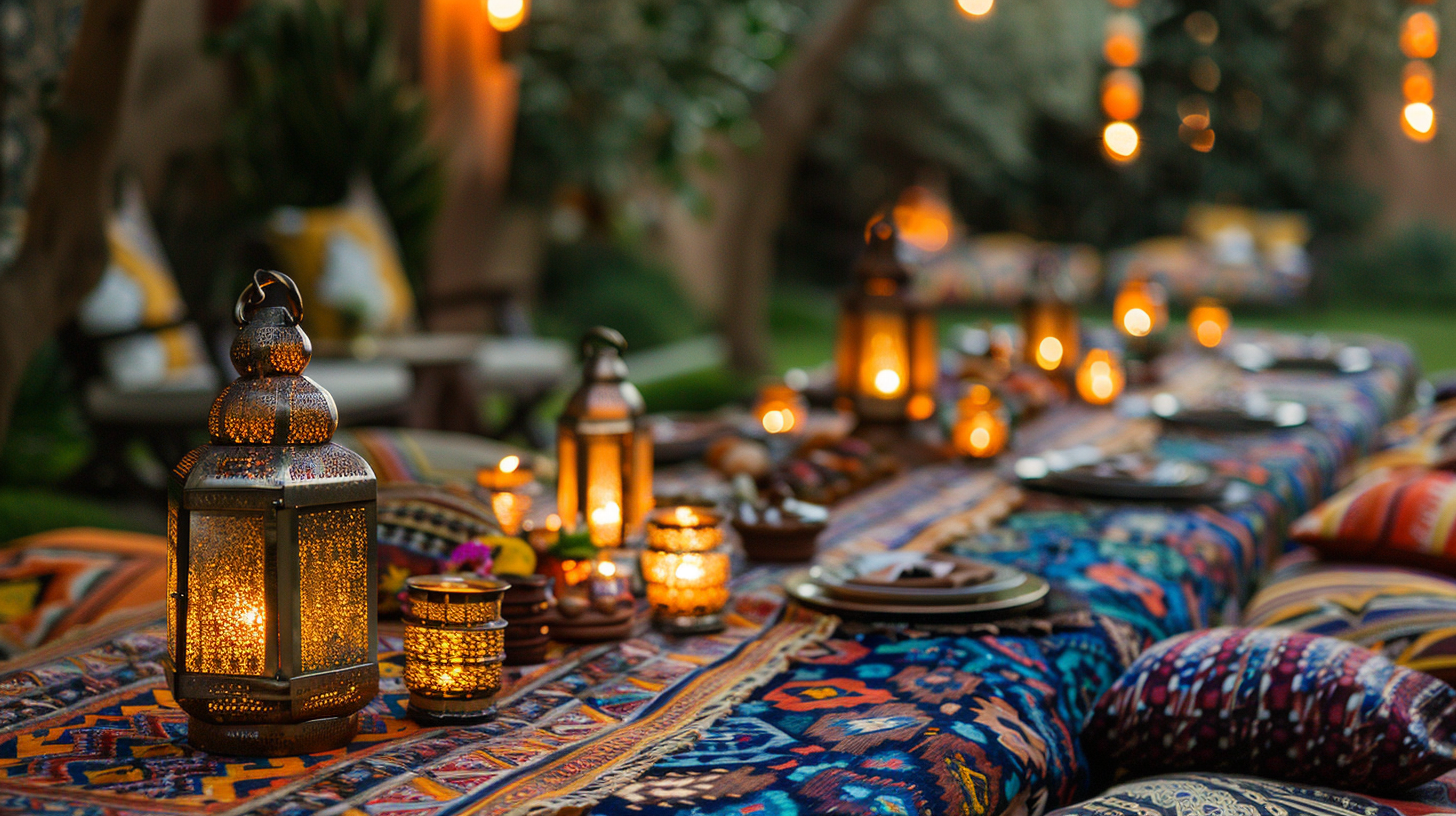 Moroccan tablescape ideas with lanterns and vibrant patterns.