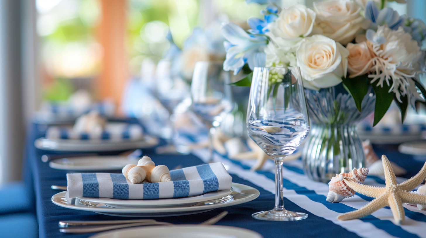 Beach-themed father's day table decorations with blue linens and shell accents.