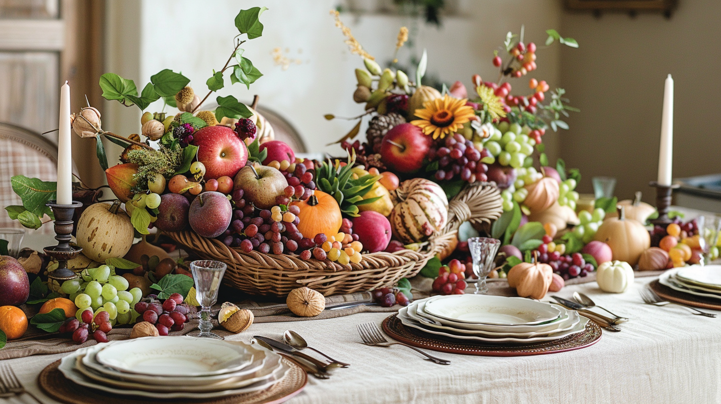 Abundant Thanksgiving tablescape ideas with fruits and candles.