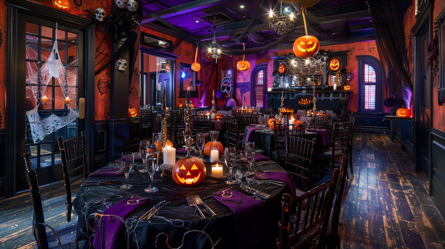 Spooky Halloween tablescape ideas with pumpkins and black decor.