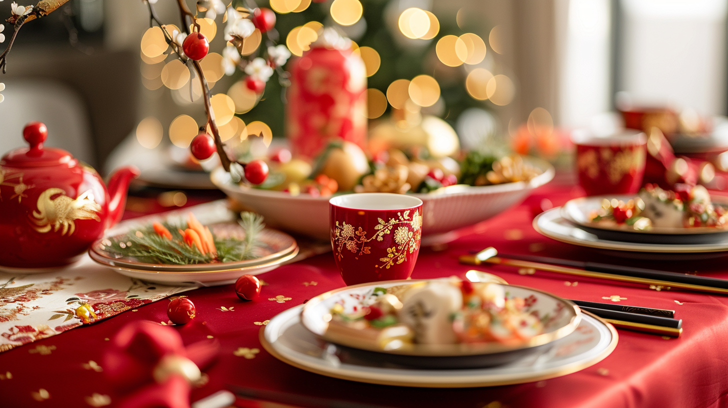 Festive red and gold tablescape ideas with Asian-inspired decor.