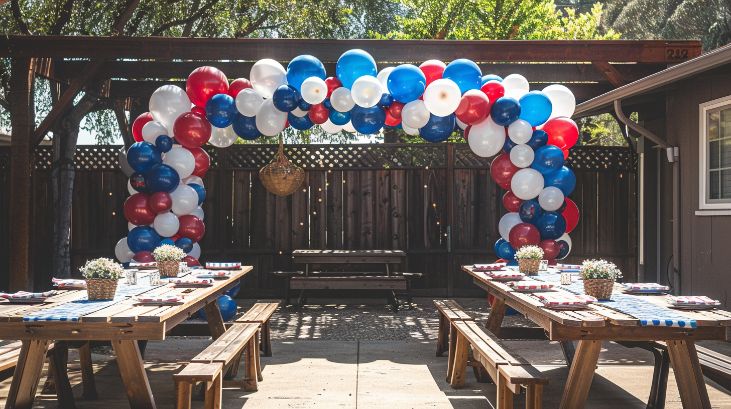 Patriotic balloon arch over picnic tables at a 4th of July gathering.