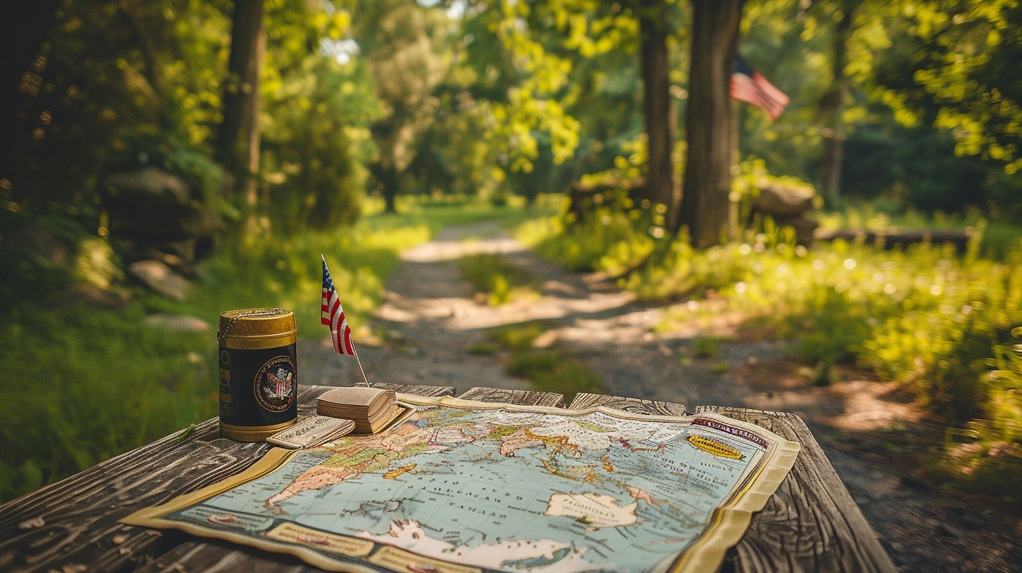 Scenic outdoor setting with a map and American flag for a 4th of July adventure.