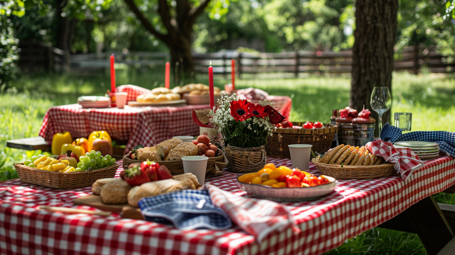 Picnic tables arranged for a 4th of July celebration in a shady park.